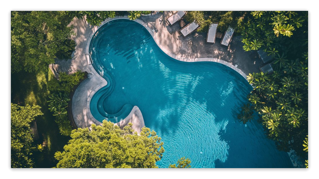 A swimming pool with irregular shape.
