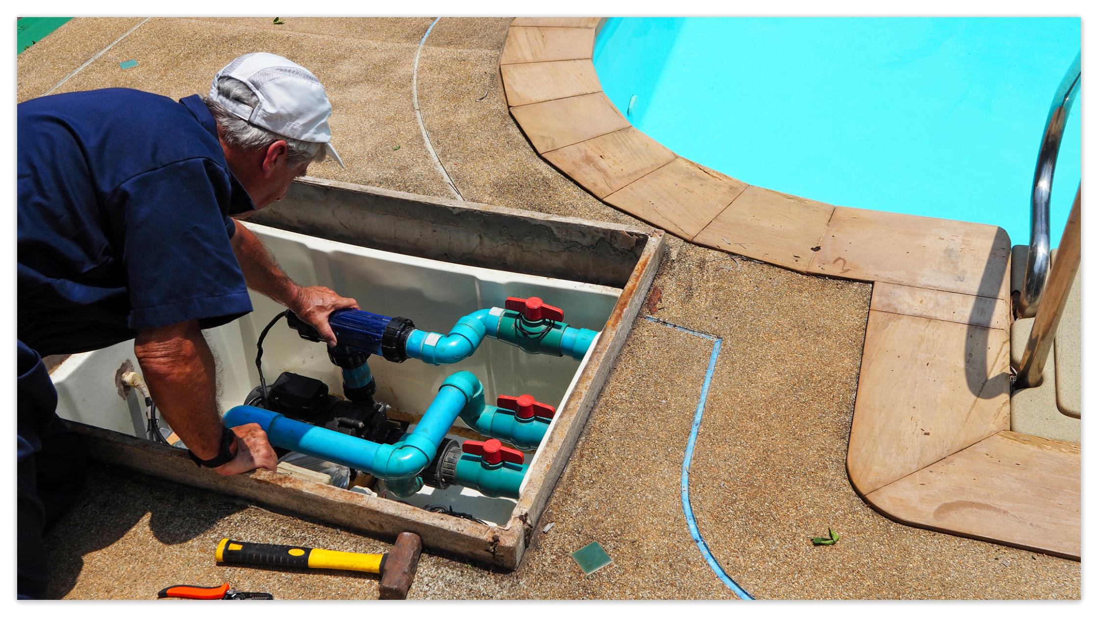 A maintenance worker is checking the noisy pool pump.