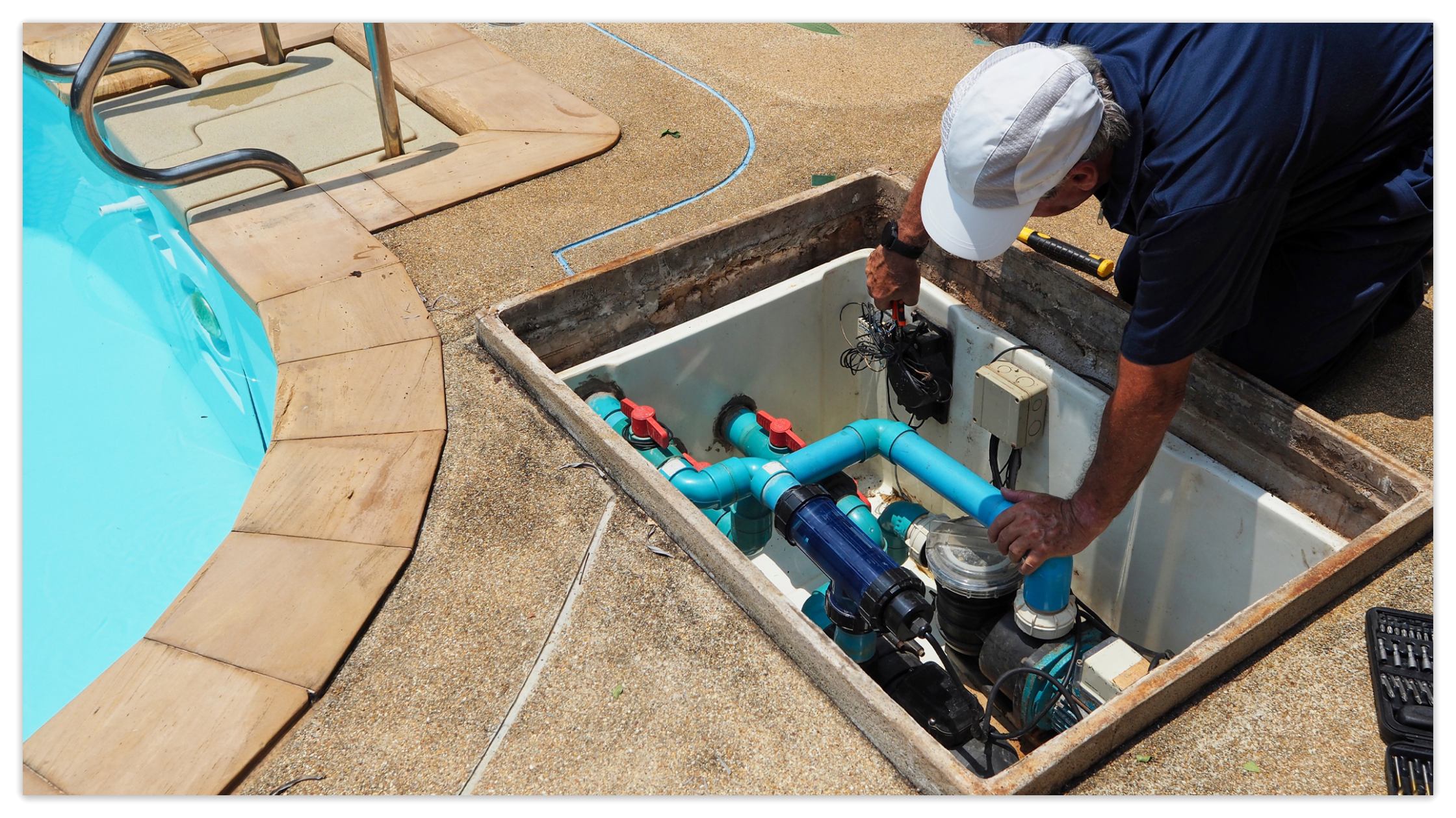 A maintenance worker is replacing the broken pool pump.