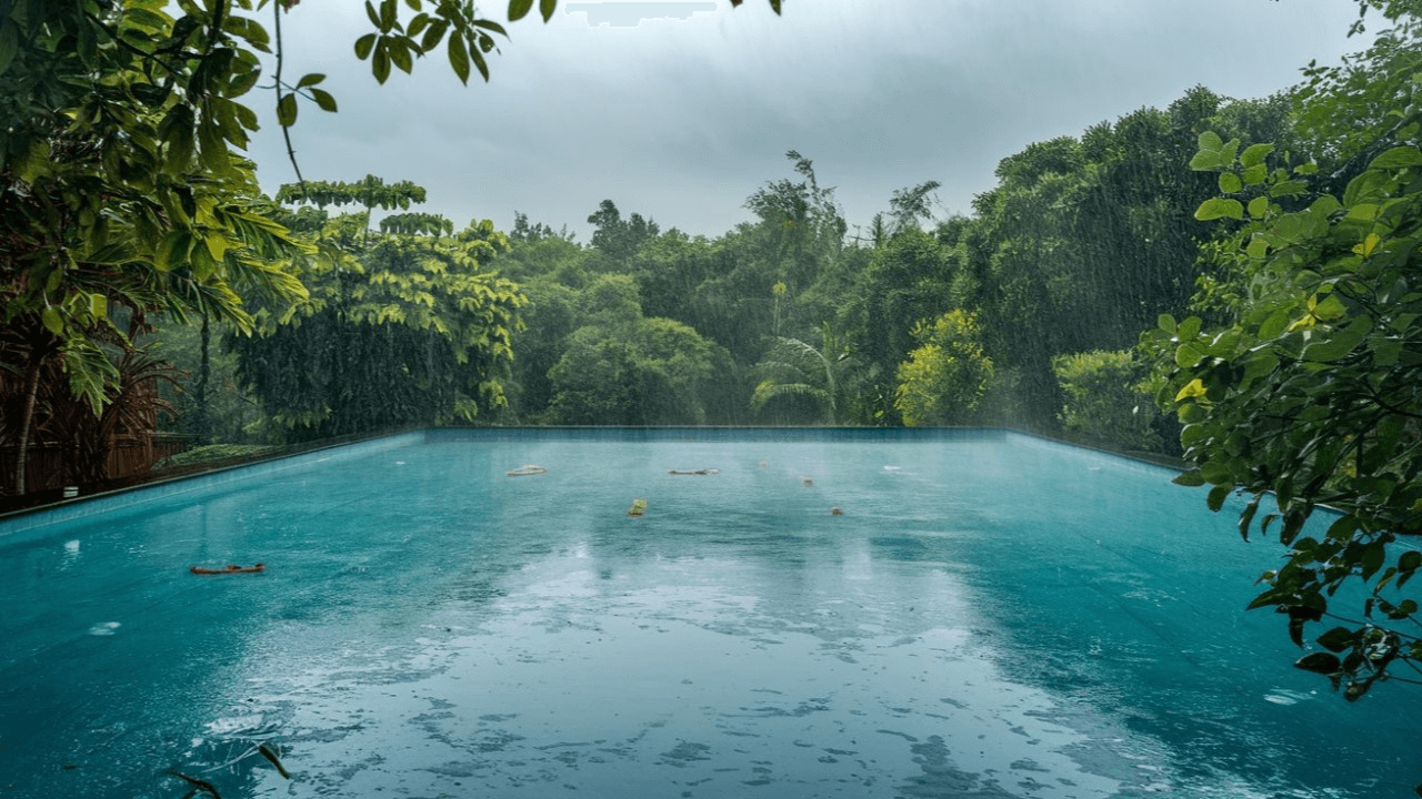 Large outdoor pool with rain falling