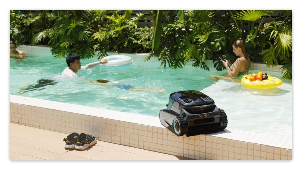 Family enjoying their safe pool with an Aiper robotic cleaner on the edge