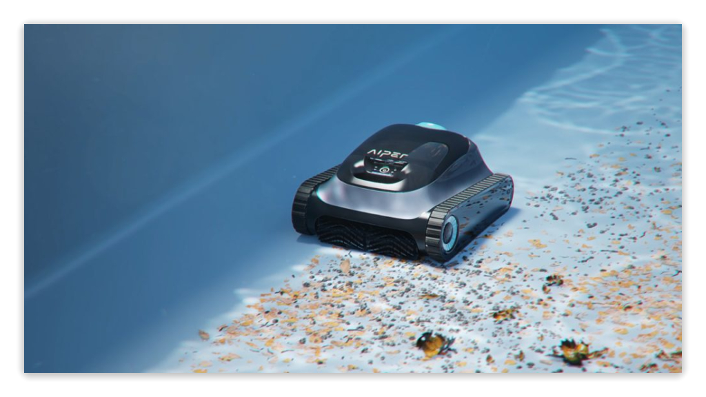 A pool vacuum cleaner cleans the pool floor in summer.