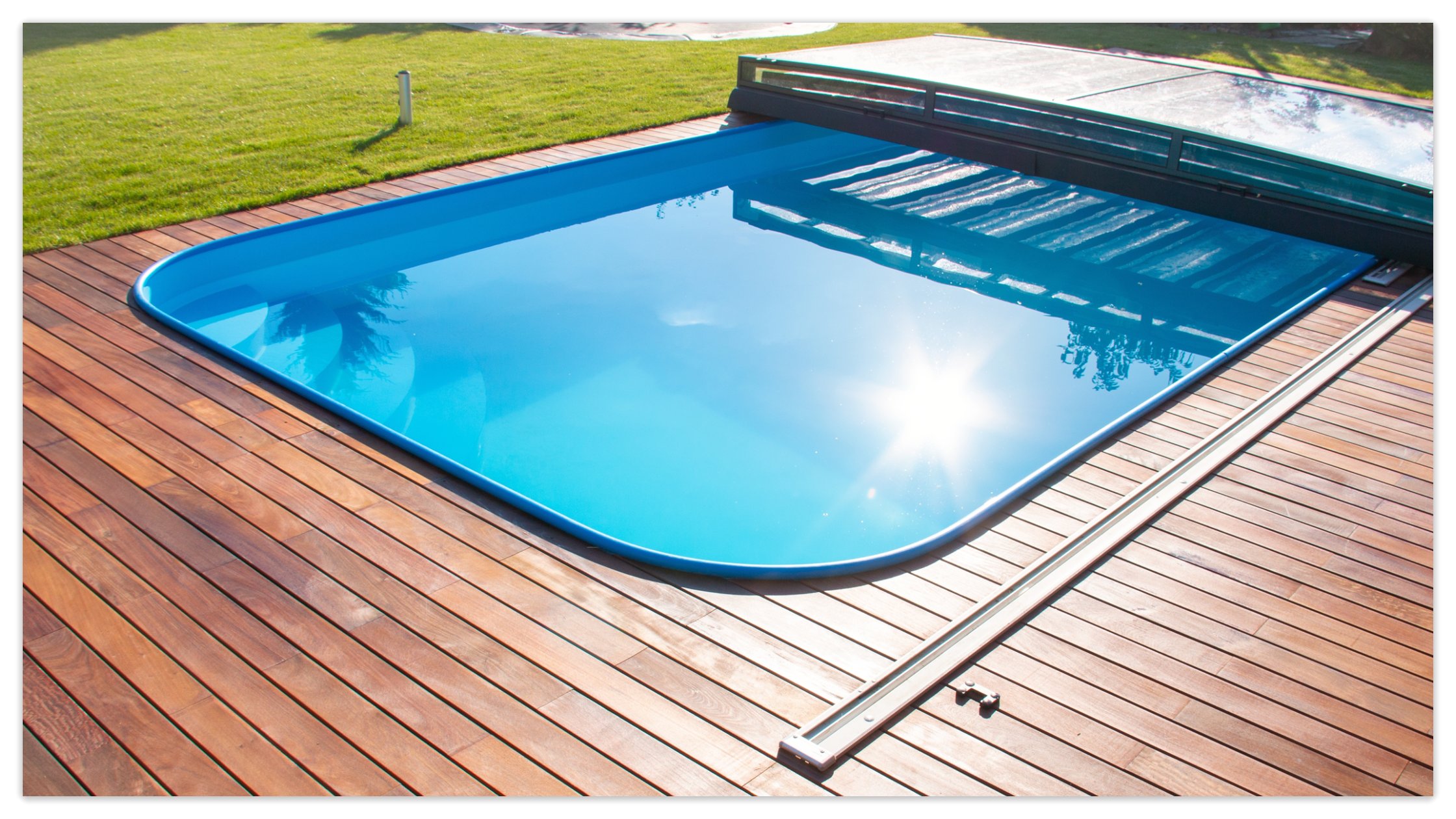 A view of the wooden swimming pool deck.