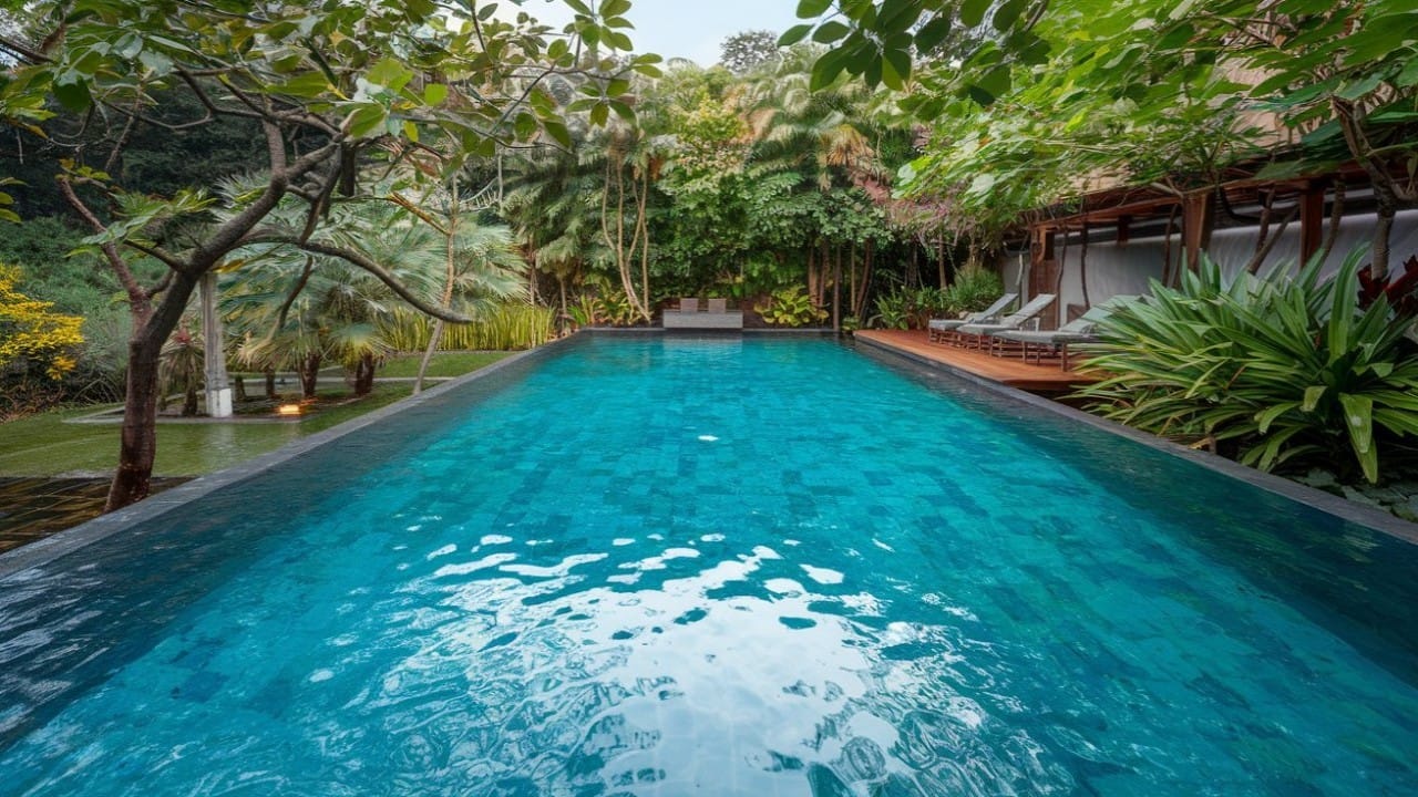 A long, narrow eco-friendly pool with dark tiling, surrounded by dense tropical foliage and wooden decking.