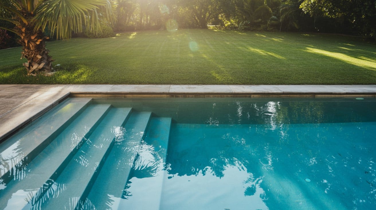 A modern swimming pool with crystal-clear turquoise water. The pool has concrete steps on the left side and is surrounded by a well-manicured green lawn.