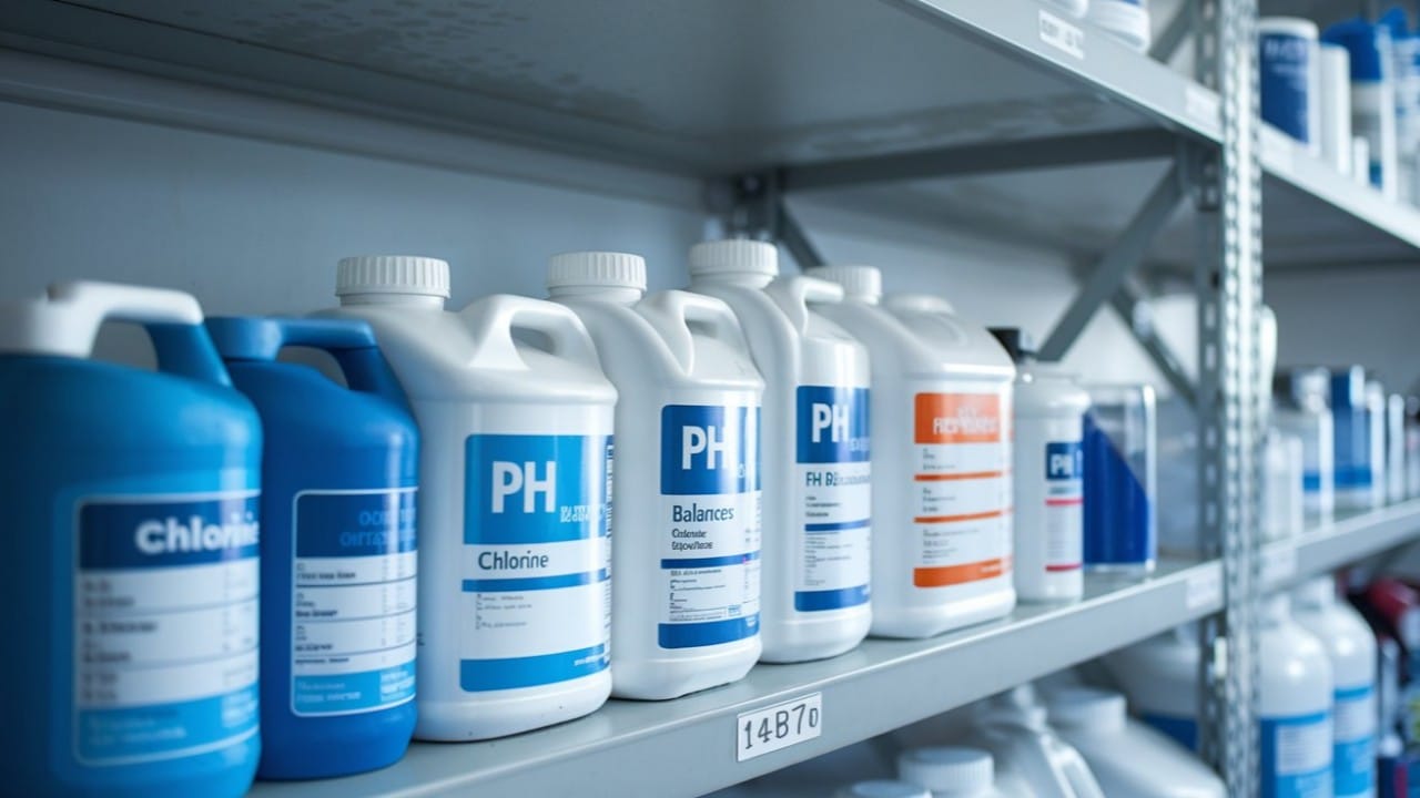 Labeled pool chemical containers on a shelf for safe storage